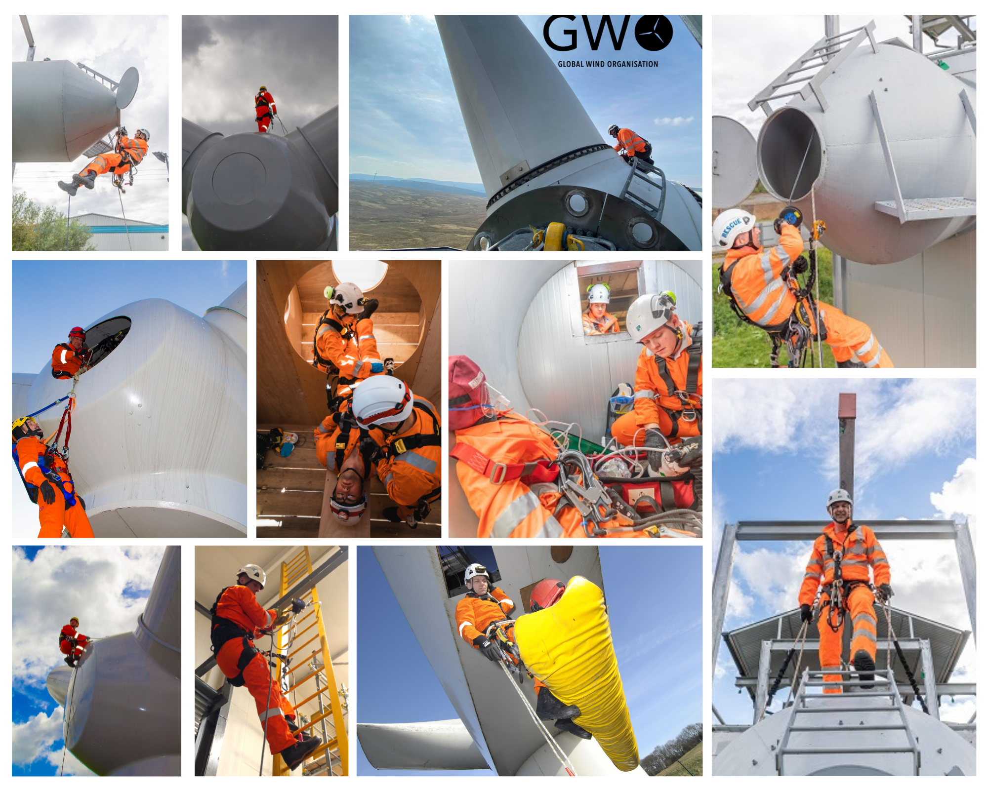 A collage of GWO wind turbine training from MRS Training & Rescue