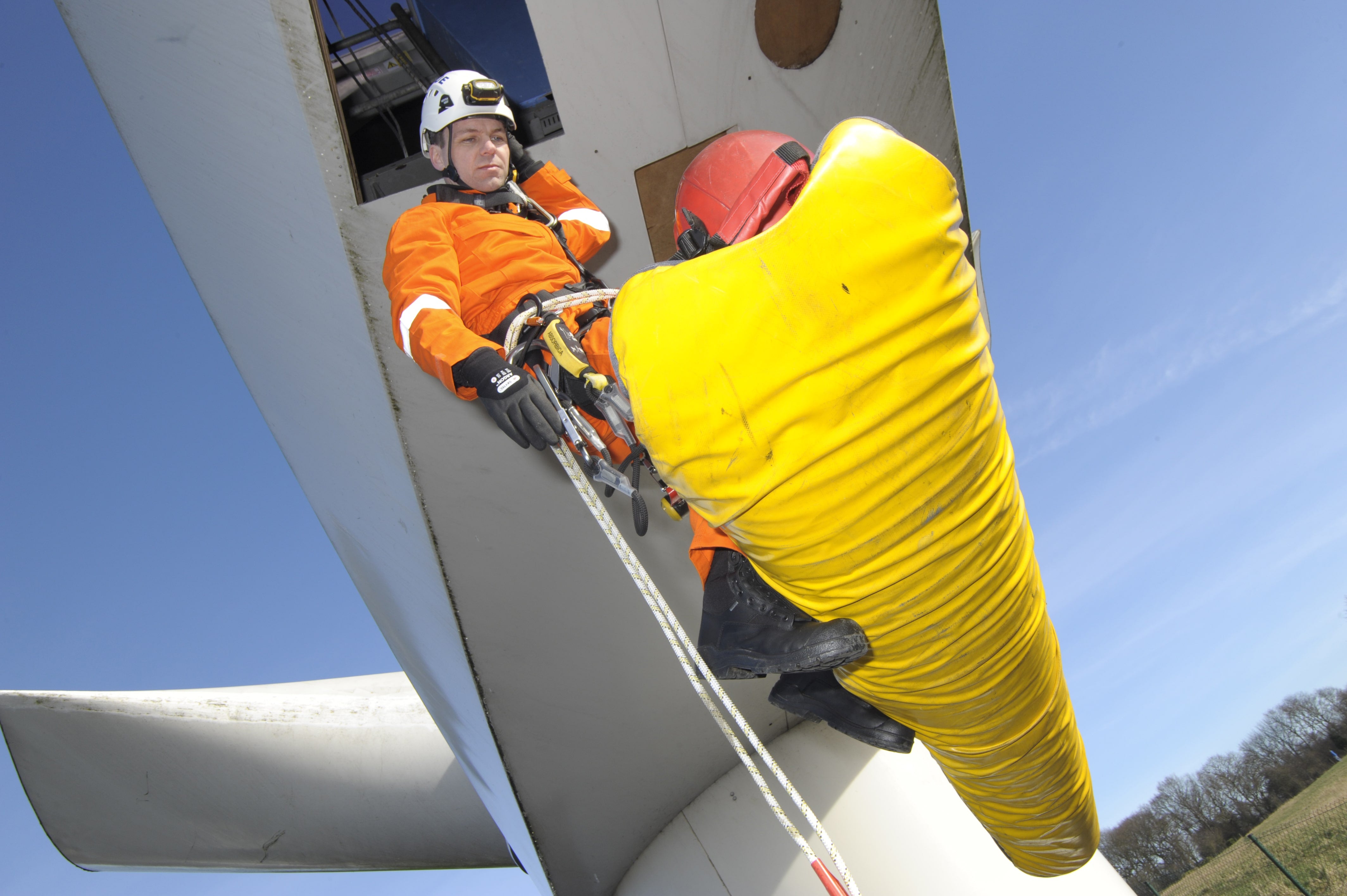 Assisted stretcher rescue from a wind turbine