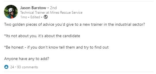 Screenshot of Jason Barstow's LinkedIn Post - Advice for New Trainers