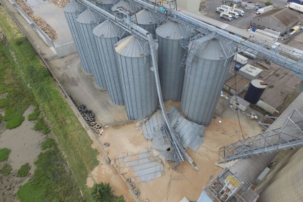 An aerial shot of the silos, showing the collapsed silo. 
