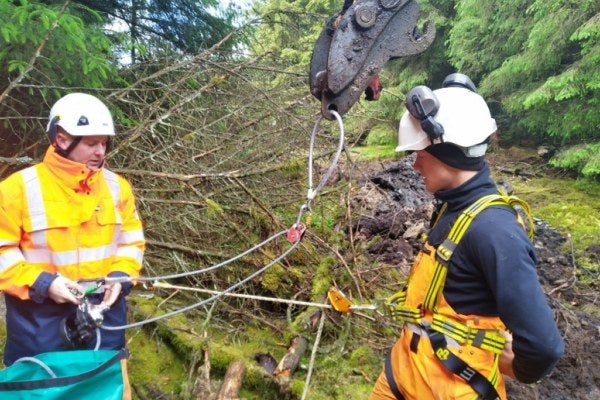 Two people setting up a rescue line