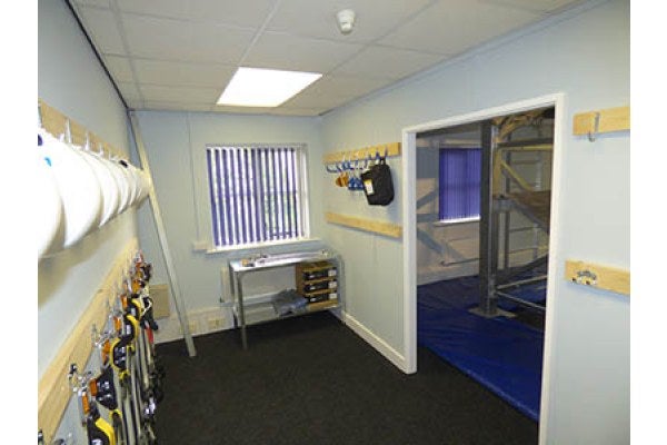 The working at heights training room and equipment, in Knottingley, West Yorkshire.