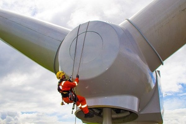 Someone during their practical training using our MRS Training and Rescue wind turbine facility.